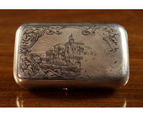 A 19th Century Russian Silver & Niello Case of rectangular cushion form.  The lid engraved with a grand architectural buildin