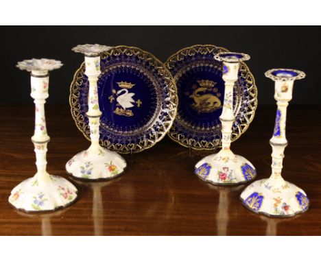 Two Pairs of 18th Century Limoges Enamel Candlesticks (A/F) and a pair of French Cabinet plates (A/F). The candlesticks decor