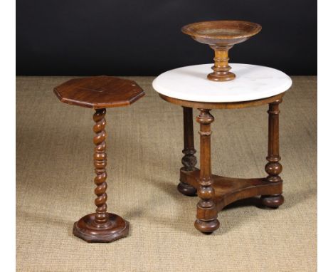 A 19th Century Turned Walnut Guéridon & a Walnut Stand (A/F).  The guéridon having a round marble top surmounted by a central