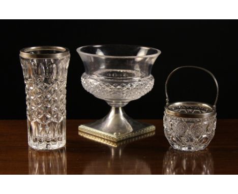 Three Pieces of Russian Silver Mounted Glassware: A glass dish with diamond cut base band raised on a square flared pedestal 