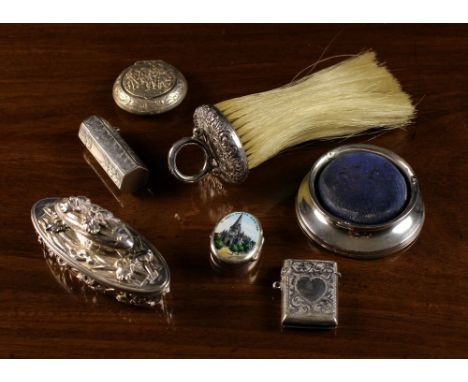 A Small Collection of Decorative Silver Bijouterie: A pin cushion with silver base hallmarked London 1911. A small Sterling s