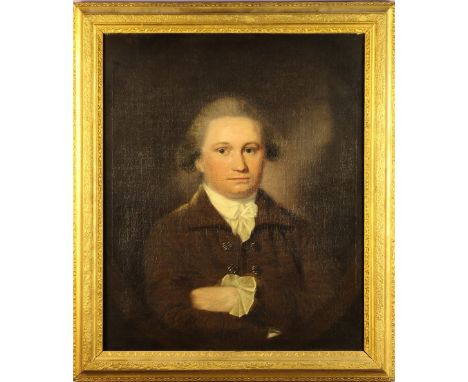 An 18th Century Oil on Canvas: Head & Shoulders Portrait of a Gentleman with arms crossed, wearing a brown coat, white cravat