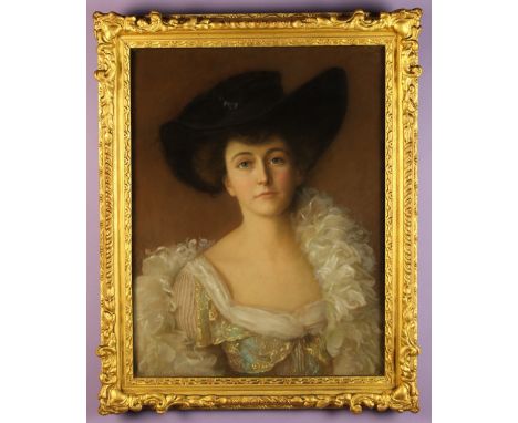 An Edwardian Pastel Portrait on Calico; Bust of a Young Beauty wearing a black hat, monogramed lower left CE and dated 1903, 