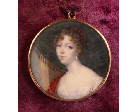 A Fine Early 19th Century Round Miniature Portrait: Head & shoulders of a lady wearing a white lace dress with red robe and p