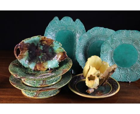 A Collection of Majolica: A Pair of J.R.L begonia leaf comports 9 ins (23 cms) in diameter. A brown & green mottled glaze lea