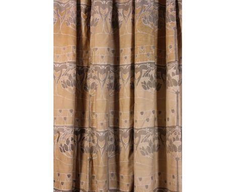 A Pair of Silk Curtains printed with an Art Nouveau style design of stylized trees and flowers in a pale brown and cream on a