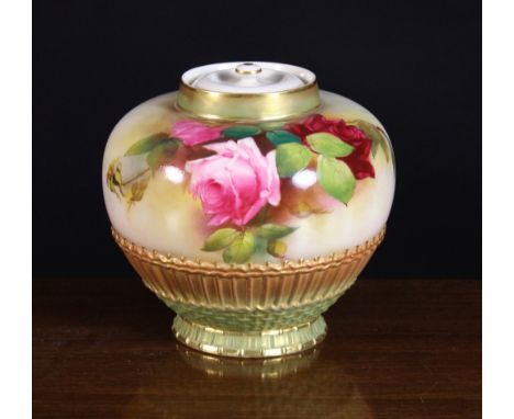 A Royal Worcester Jar & Cover dated 1909.  The bulbous body hand painted with roses signed Austin above a moulded basket weav