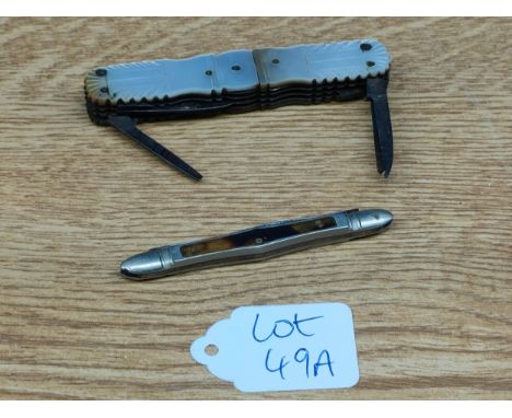 Two Georgian/ Victorian quill cutting knives; mother of pearl &amp; tortoise shell, one with two blades, other with 12- some 