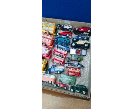 A tray of various vehicles to include old advertising corgi buses, match box and solido classic car and van models 
