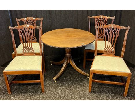 Antique Georgian style barrel top table together with Four Georgian Chippendale style chairs, the back with pierced splats, r