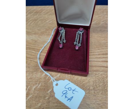 A Pair of 925 silver, ruby and marcasite stone earrings- designed in an art deco manner. 