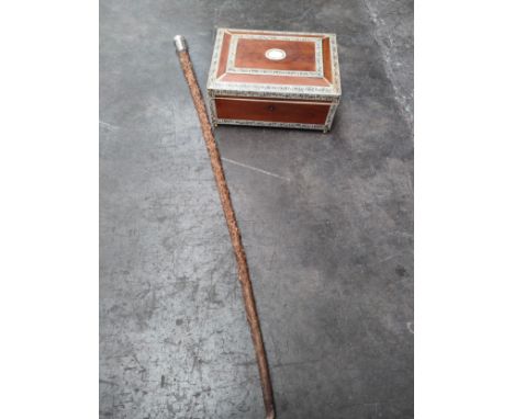 An antique carved walking stick with white metal top along with bone inlaid jewellery box