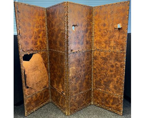 Large 19th century floor standing four panel screen. Leather panels- some as found [200cm high] 