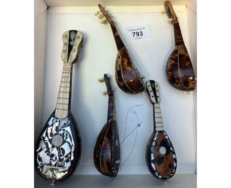 5 Miniature Tortoise shell and mother of pearl mandolin models. 