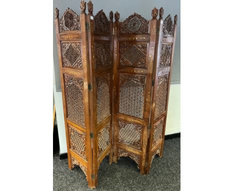 20th century Indian Rose wood four panel screen. Detailed with brass inlays. [Each panel-180x45cm] 