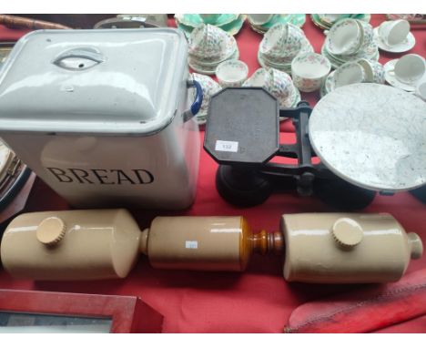 A Selection of old kitchen items to include enamel bread bin, set of A Woods &amp; sons Glasgow scales along with bed warmers