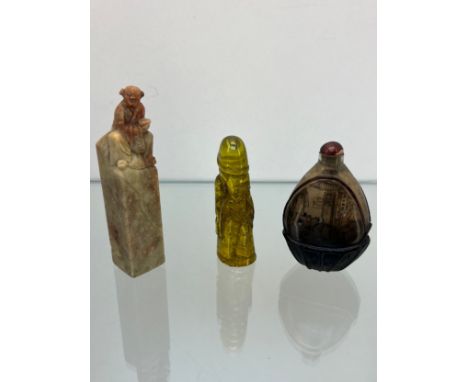 Japanese carved netsuke figure, Antique glass basket shaped and hand painted snuff/ perfume bottle and soapstone hand carved 