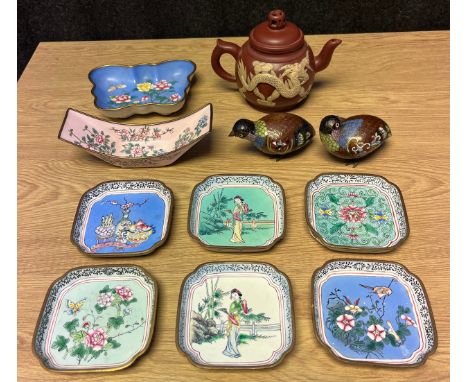 A Selection of Chinese collectables; Yixing pottery sake tea pot with dragon design, Two Cloisonne bird sculptures and 6 vari