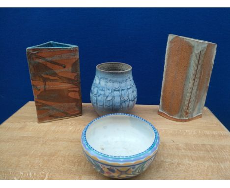 3 large studio pottery vases includes frosted falls by Val burns, pickard along with Poole pottery Studio bowl 