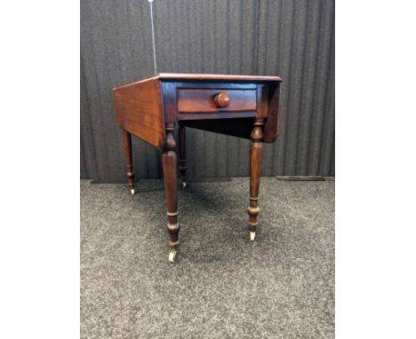 19th century mahogany drop end sofa table, Single drawer and supported on turned legs and having original castor feet. [74.5x