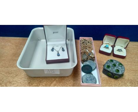 A Collection of jewellery; Silver, opal and garnet pendant and earring set, silver and turquoise stone ring, Silver &amp; Mar