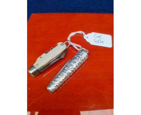 Art Nouveau Silver and steel blade pocket knife. Together with an antique mother of pearl tool pocket knife. 