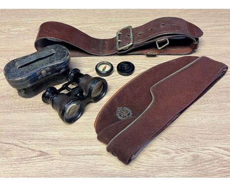Military brown leather belt with brass attachments, Bakelite cases Pocket Compass Military Beret hat with ATS Cap badge and L