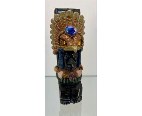 Obsidian Mexican Mayan figure, Volcanic Glass From Mexico, in the Ancient Mayan Style. Decorated with various stones, agate a