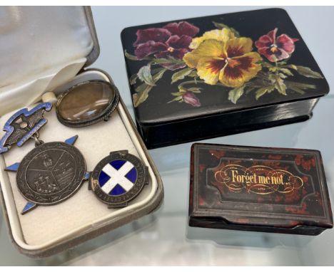 Two 19th century lacquered snuff boxes, Edinburgh silver and enamel badge, Hamilton &amp; Inches Birmingham silver marked Gen