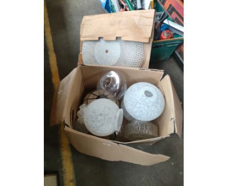 A box of oil lamp shades and base, Tiffany style lamp shade and a boxed designer ceiling light shade 