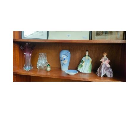 A Royal Copenhagen plate and vase together with a Royal Doulton Lady figure and a Royal Worcester figure along with glass war