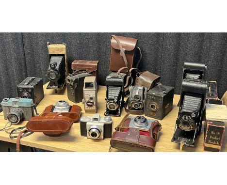 A Large selection of antique and vintage cameras; No. 2A &amp; 1A Folding Brownie camera, Ilford Sportsman camera, Ensign Twe