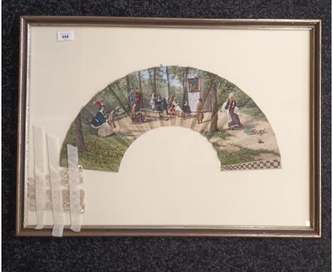 A 19th Century hand painted fan depicting Victorian Puppet Show with mother of pearl fan inserts.[53x73cm] 