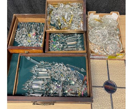 A Collection of 19th century crystal drop lets and 20th century stainglass panel. 