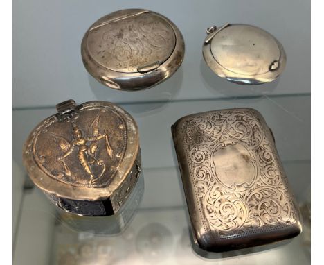 Three silver items and plated item; Birmingham silver disc shaped snuff box, Birmingham silver compact pendant, Birmingham si