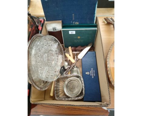 A Box of silver plated ware to include cutlery, Fruits Serving tray & Minton's & Royal Worcester items 