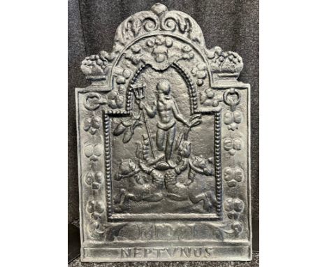 A 17th century cast iron panel depicting Neptune on a chariot being pulled by seahorses. Dated 1697. 'NEPTVNUS' [68.5X46CM] 