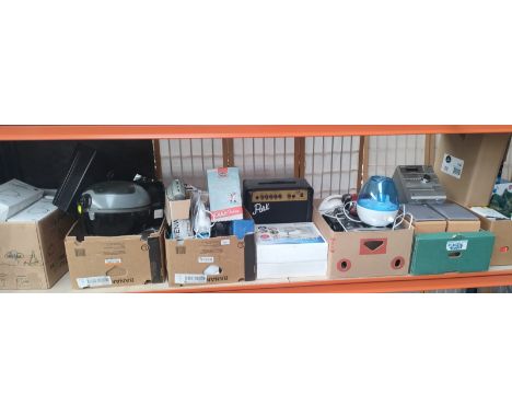 Five boxes of electrical’s, kitchen equipment, Park amplifier, Sony Hi-Fi, Tefal Actifry and box of face masks 