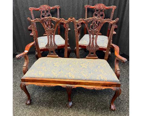 Reproduction Georgian Chippendale style double seat, together with two arm chairs, upholstered in blue material 