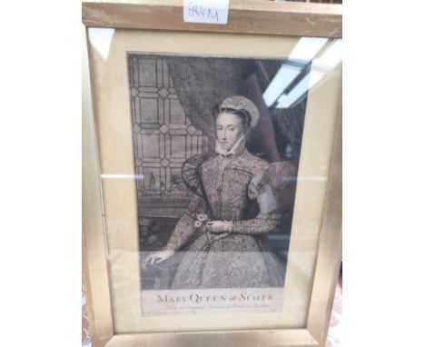 A queen Mary of Scots hand tinted print, framed. 