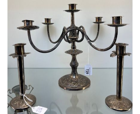 A Large Anglo Indian Silver five section candelabra with two smaller candle sticks. [All weighted] [Candelabra-27cm high] 