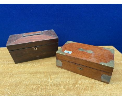A Victorian tea caddy together with brass bounded document box 