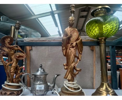 Two Oriental Table Lamp Figures, largest Standing 74 cm with a pressed designed Light Metal Tea Pot along with a oil lamp 