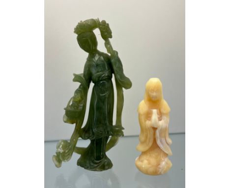 A Chinese hand carved green jade sculpture of a geisha together with a cream soapstone style buddha figure. [Jade-20.5cm high
