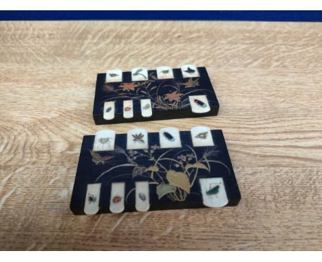 Two Japanese Meiji Period Shibiyana Bezique counters bovine bone, inserts are made of mother of pearl and hand painted. 