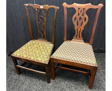 Georgian Chippendale style chairs, one being elm wood and the other mahogany, raised on square legs 