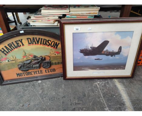 A Lancaster bomber print along with Harley Davidson design motorcycle plaque 