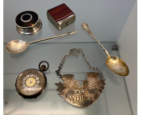 Selection of silver items; Edinburgh silver Whisky Label, Birmingham silver and tortoise shell compact/ snuff box, Silver Swi