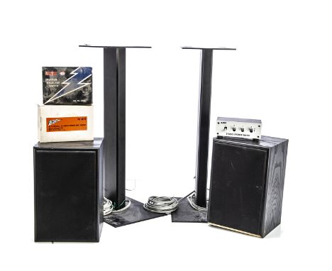 Royd Speakers and Stands, a pair of black Royd speakers Sapphire II s/n 011637, with a pair of 60cm high stands and cables an