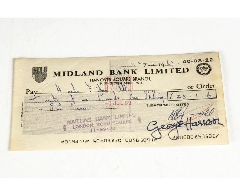 George Harrison / Signed Cheque, A cheque payable to Hunter Films drawn on Subafilms Limited for £25.1.6 and signed by George